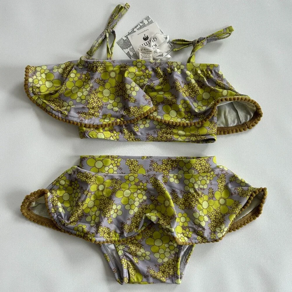 NWT Kate Quinn Baby Bikini 0-3M Granny Floral Ruffle Pom Pom UPF 50+